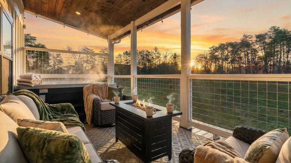 Cozy up on the covered deck at sunset, where the hot tub, fire table, and plush seating create the perfect spot to unwind.