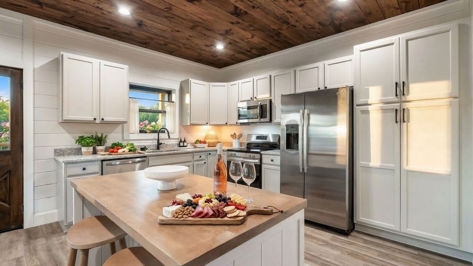 Bright, fully equipped kitchen with a large island, modern appliances, and plenty of space for gathering and meal prep.