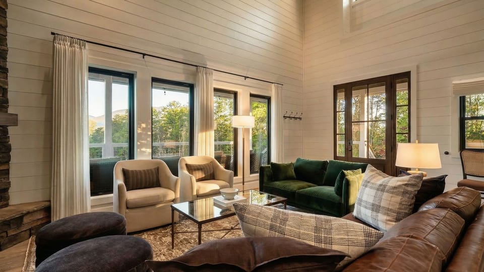 Bright, open living room anchored by a stone fireplace and cozy seating, perfect for relaxing after a day in the mountains.