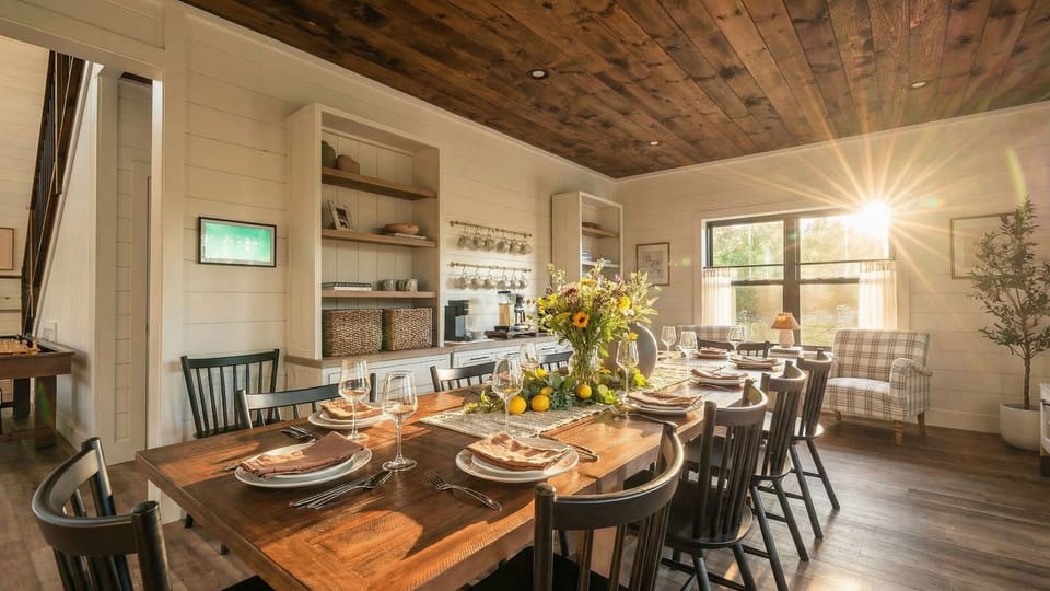 Farmhouse-style dining area with a large table, open shelving, and warm wood accents, perfect for shared meals and group gatherings.