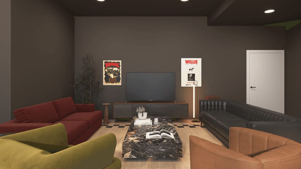 Elevated view of the resort offers a communal pool, outdoor kitchen, and multiple lounge areas.