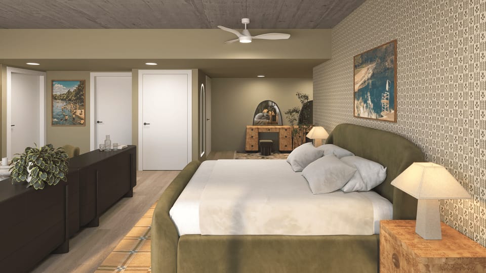 An open-plan design featuring a bed and contemporary interior aesthetics.