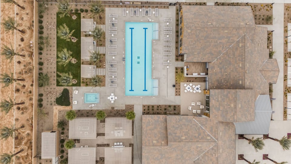 A top-down look at the thoughtfully designed community layout and leisure spaces.