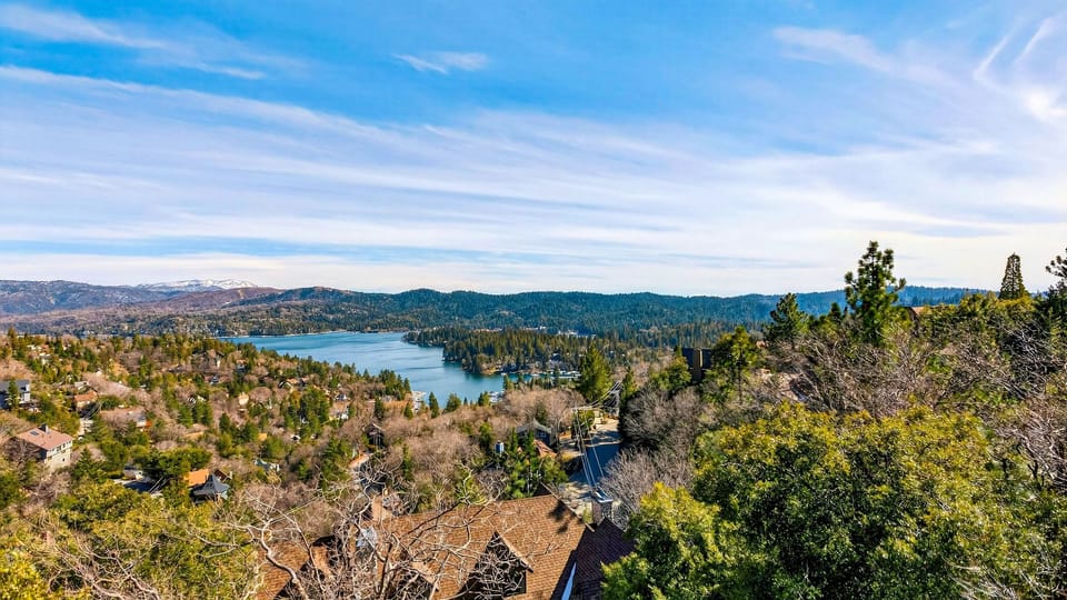 Elevated view of the lake and hills.