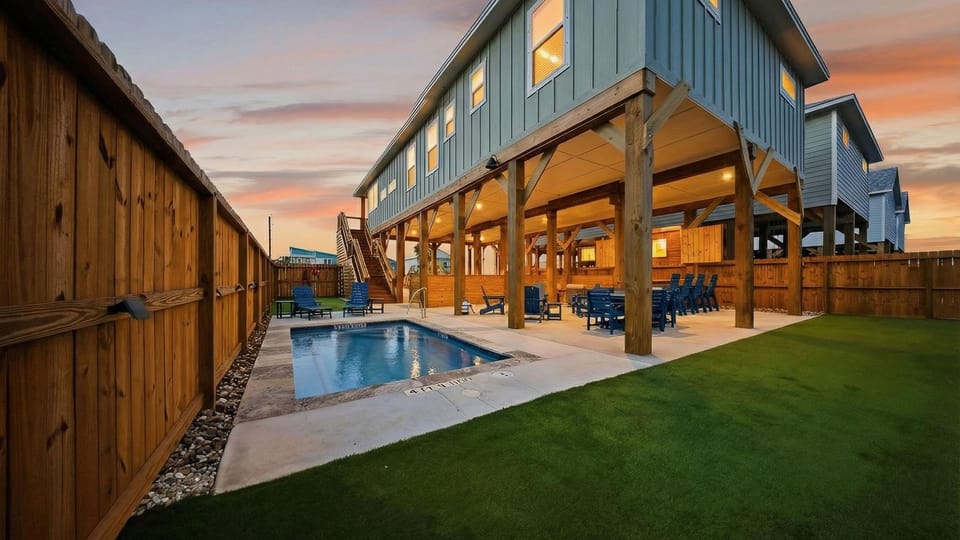 Sunset hangs hit different—private pool + covered lounge & fire pit vibes.