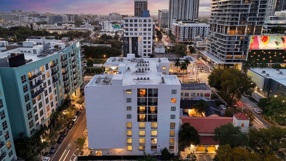 An aerial view showing Sense28’s prime location in a walkable urban core.