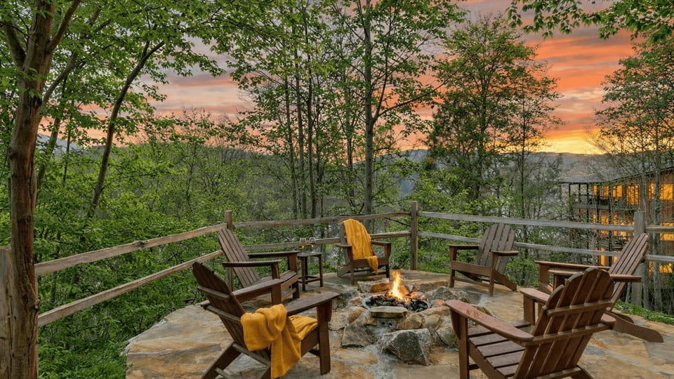 Private fire pit with mountain sunset views for cozy nights outdoors. (Aspen Lodge)