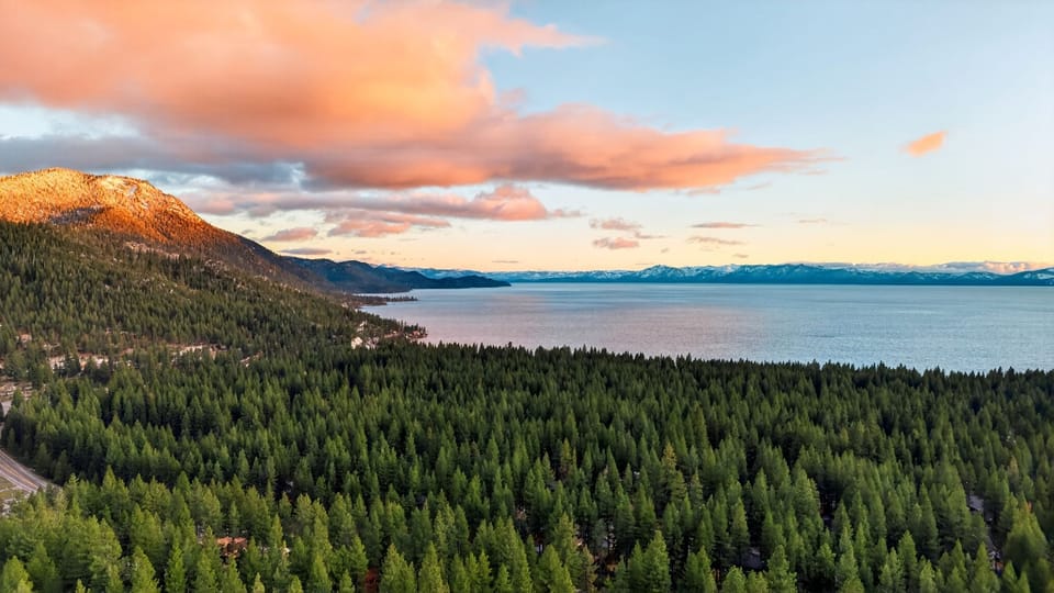 Stunning aerial views of Lake Tahoe and the surrounding pine forest just minutes away.