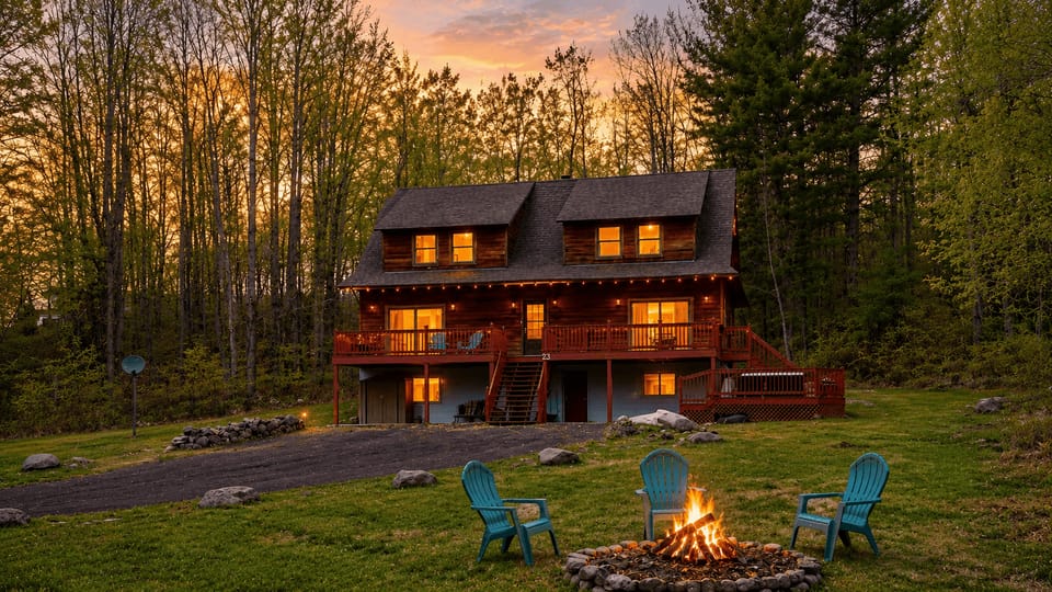 Sunset cabin retreat with a glowing fire pit and wide open mountain views.