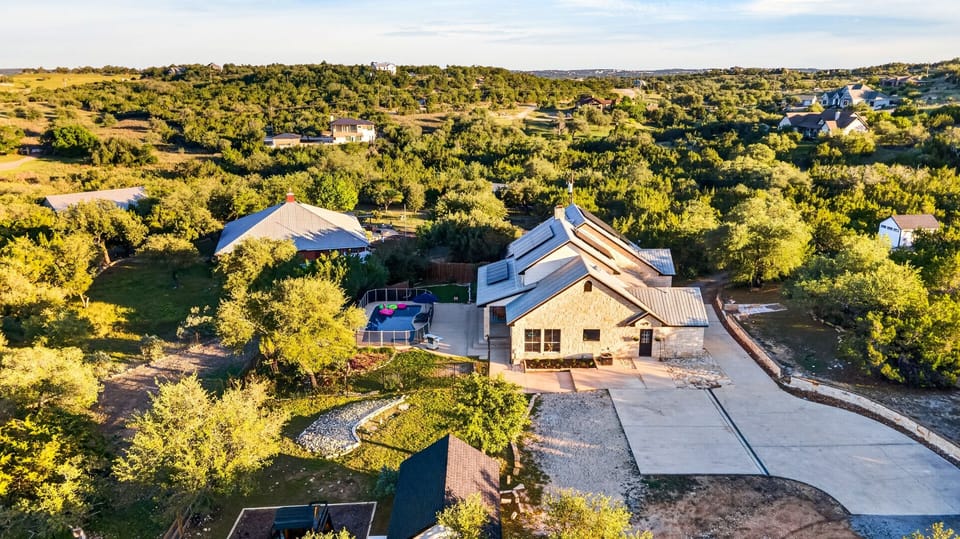 Aerial view of the exterior and surroundings.