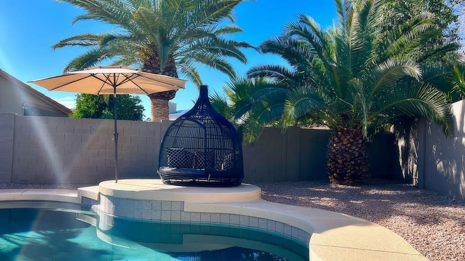 Private poolside lounge with a hanging chair, palm trees, and sunny desert-style landscaping.