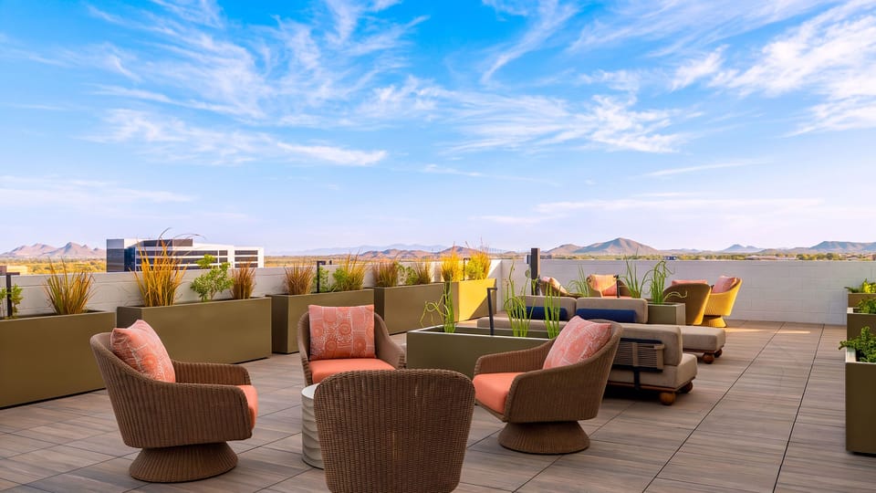 Shared rooftop seating with beautiful Scottsdale views.