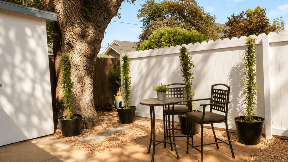Relax on the shaded patio with a bistro table for two.