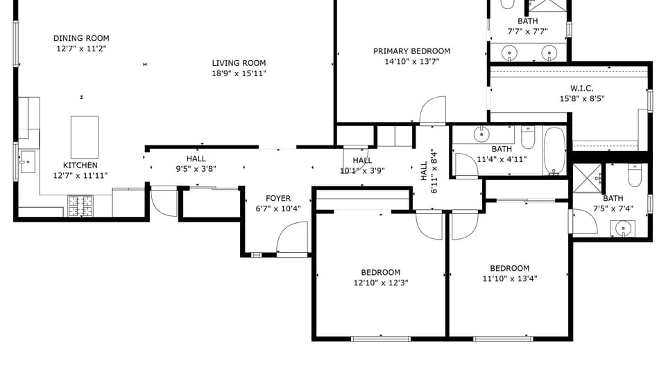 The floor plan shows a single-level layout with connected common spaces