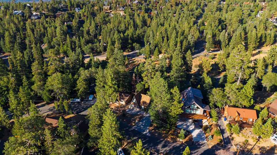 Broad aerial view of the surrounding forest neighborhood and mountain region.