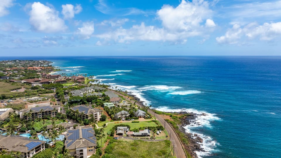 Aerial view of Kauaʻi’s scenic coastline.