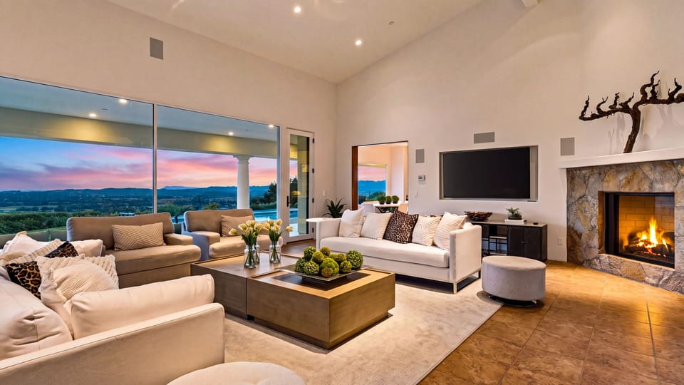 Vaulted great room with plush seating, large TV, and wall-to-wall windows.