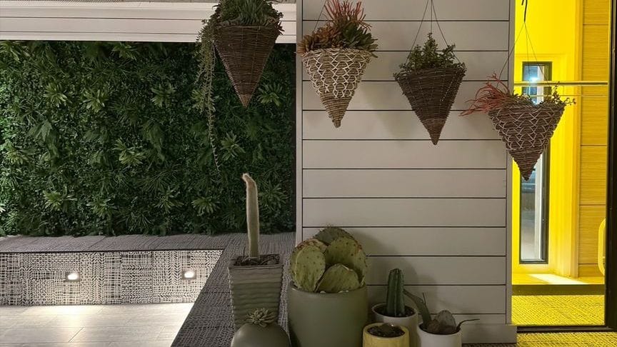 A stylish, art-filled entrance welcoming guests into Mahala's colorful Palm Springs escape.