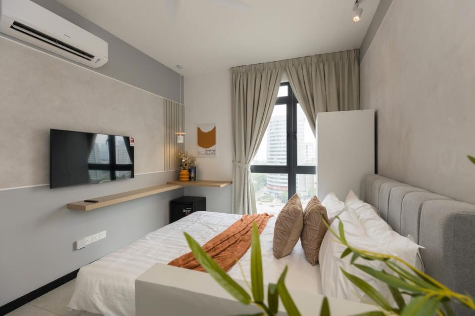 Bed, Property logo or sign, fireplace, locker, air conditioner