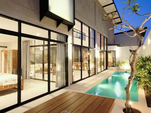 Patio, Bed, Natural landscape, Bedroom, Pool view, Swimming pool
