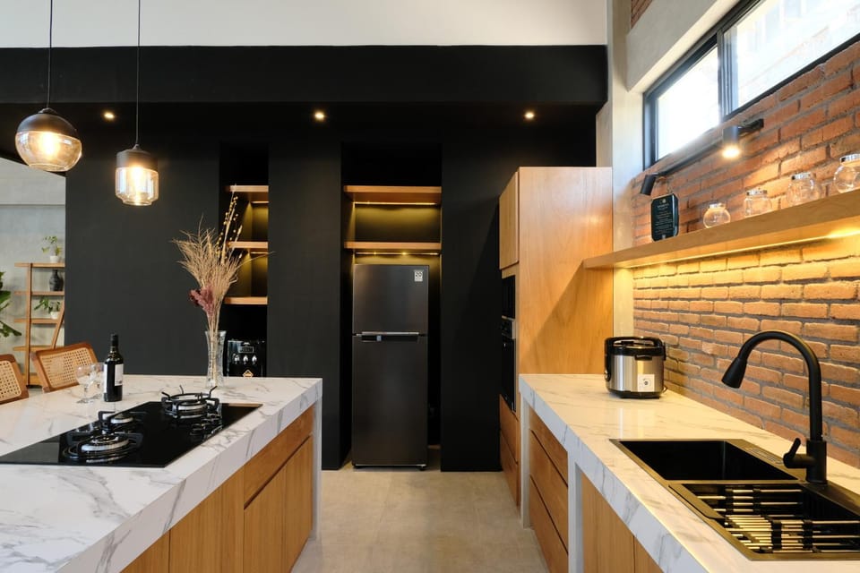 Kitchen or kitchenette, stove