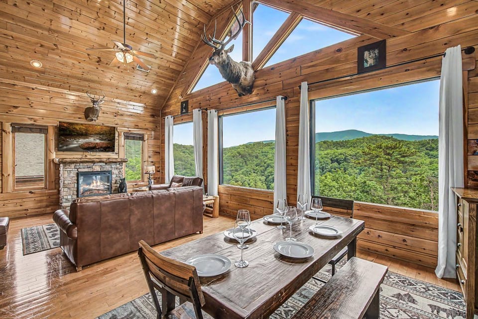 Living room, Seating area, Mountain view, fireplace