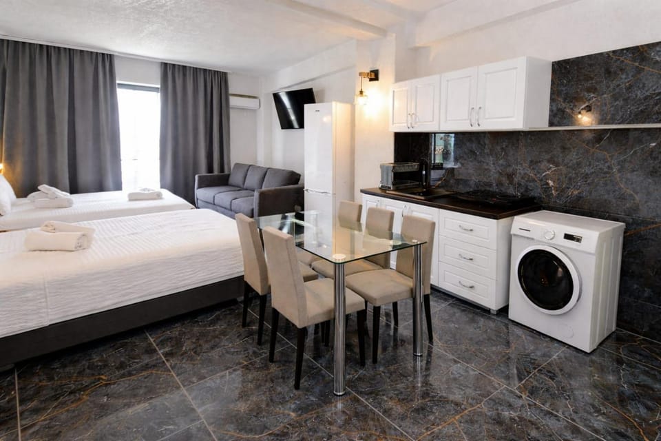 Bed, TV and multimedia, Kitchen or kitchenette, Photo of the whole room, Dining area, Bedroom, towels, air conditioner