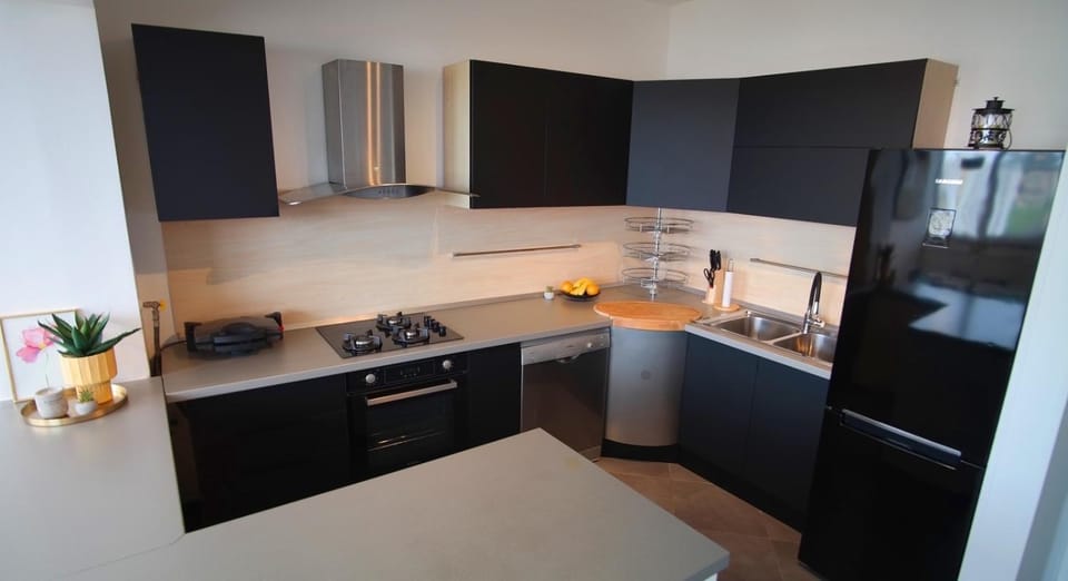Kitchen or kitchenette, dishwasher, stove, toaster