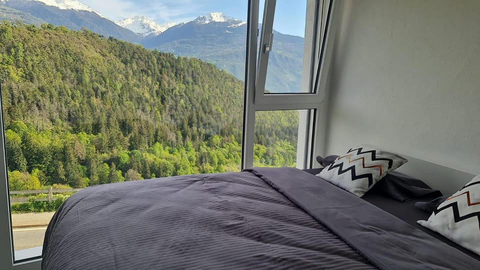 Bed, Natural landscape, Bedroom, Mountain view