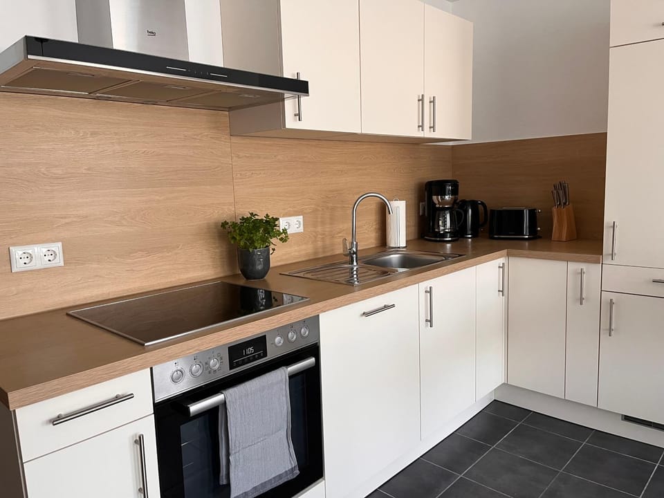 Kitchen or kitchenette, dishwasher, stove, toaster