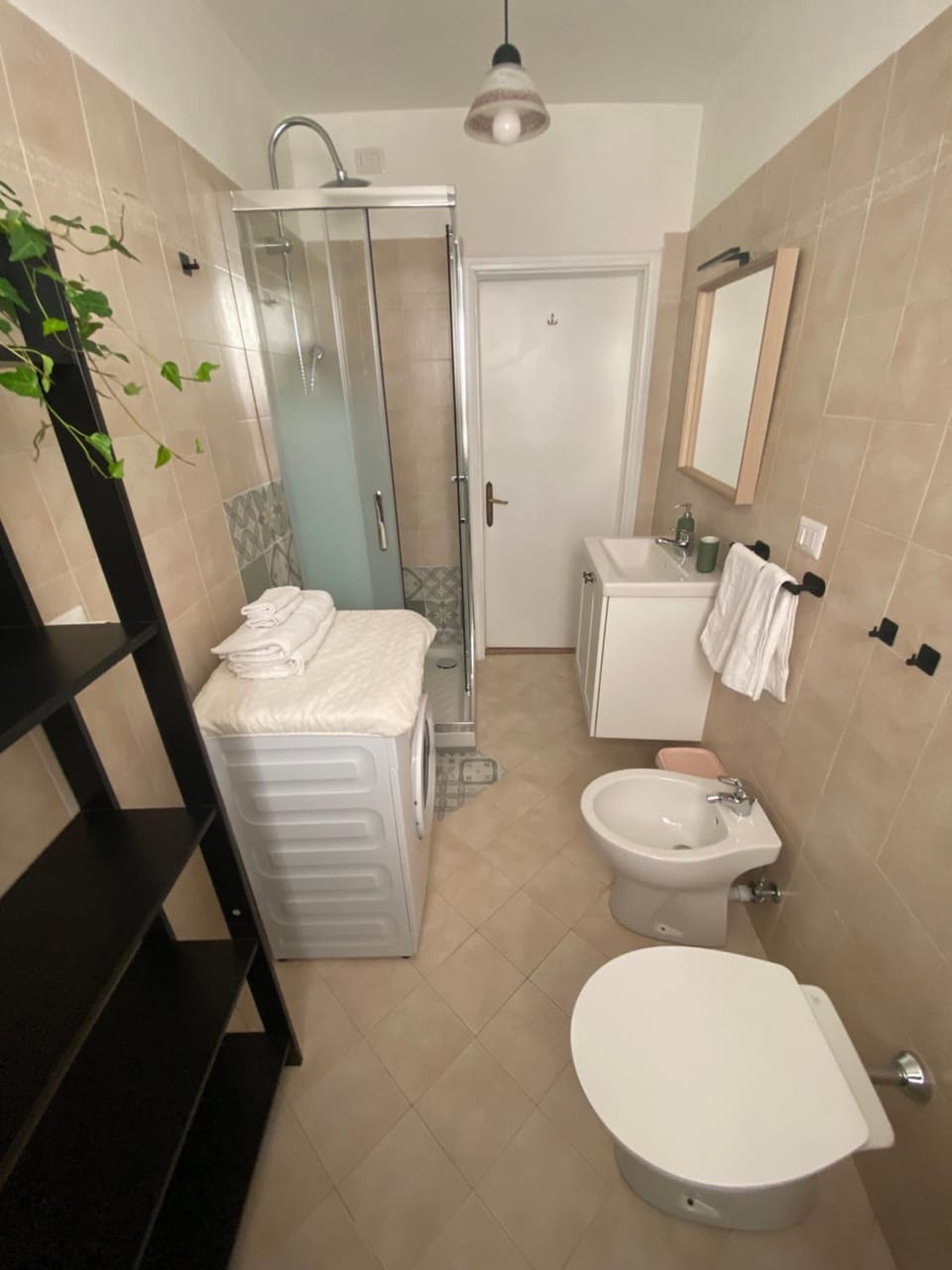 Shower, Toilet, Bathroom, bidet, towels, washing machine
