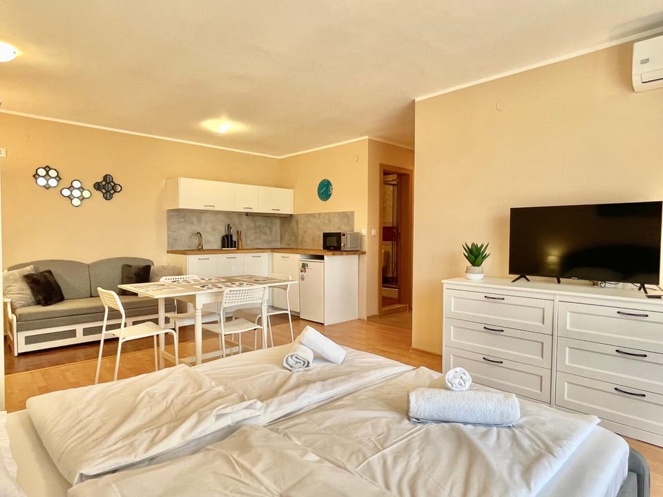 Bed, TV and multimedia, Kitchen or kitchenette, Living room, Photo of the whole room, Dining area, minibar