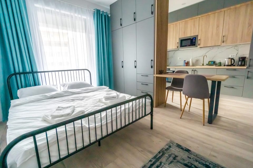 Bed, Kitchen or kitchenette, Photo of the whole room, Dining area, Bedroom, minibar, pet friendly, stove, wardrobe