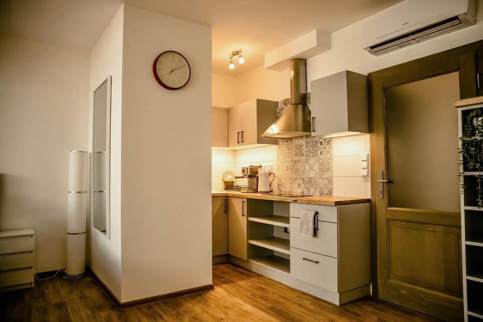 Kitchen or kitchenette, oven, stove, air conditioner