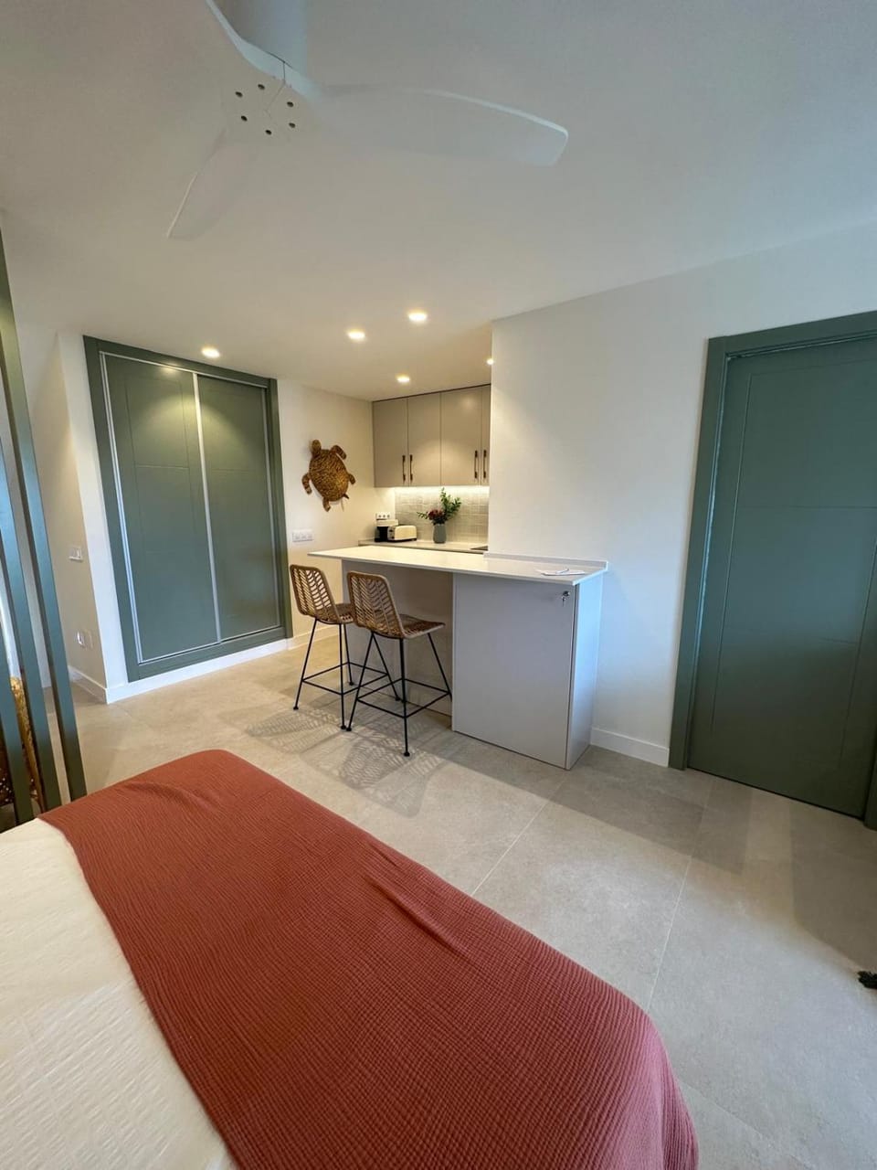 Bed, kitchen