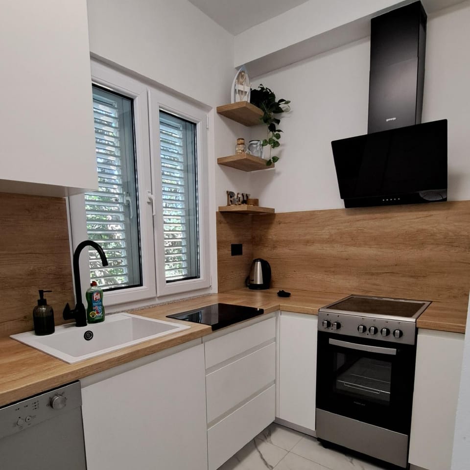 Garden view, dishwasher, oven, kitchen