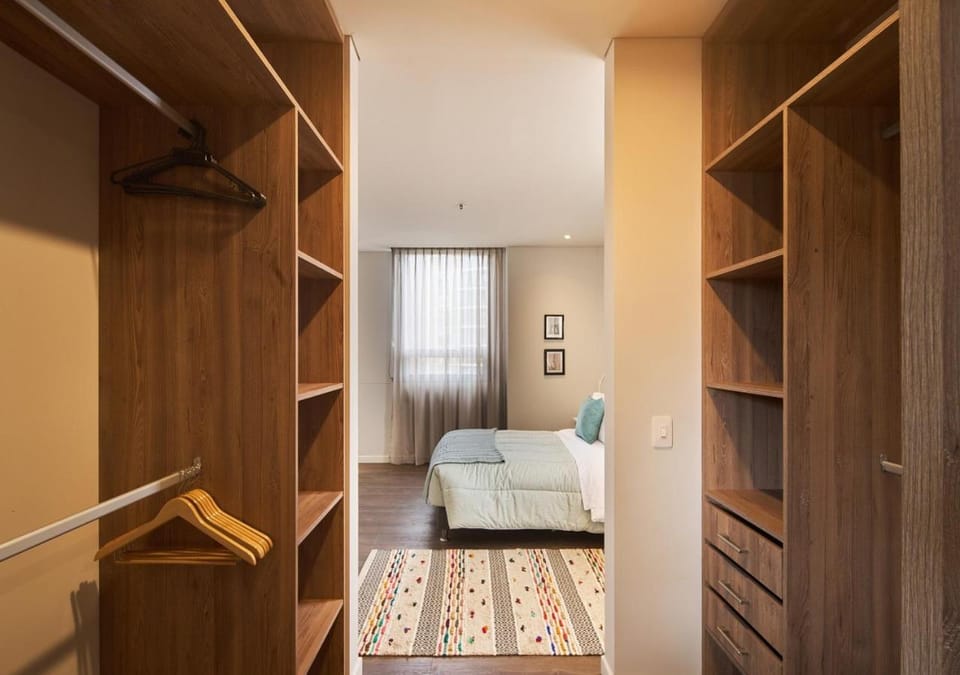 Bed, wardrobe