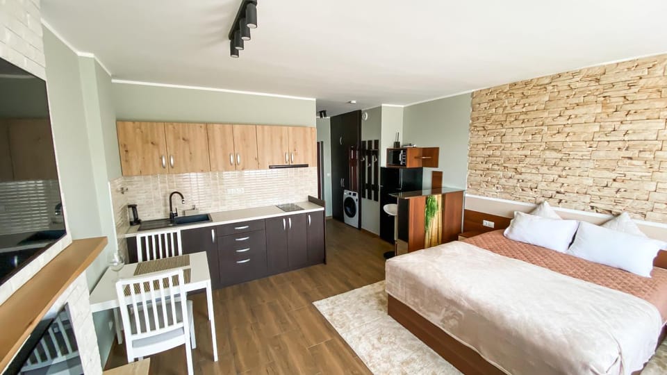 Bed, Photo of the whole room, Dining area, stove, washing machine