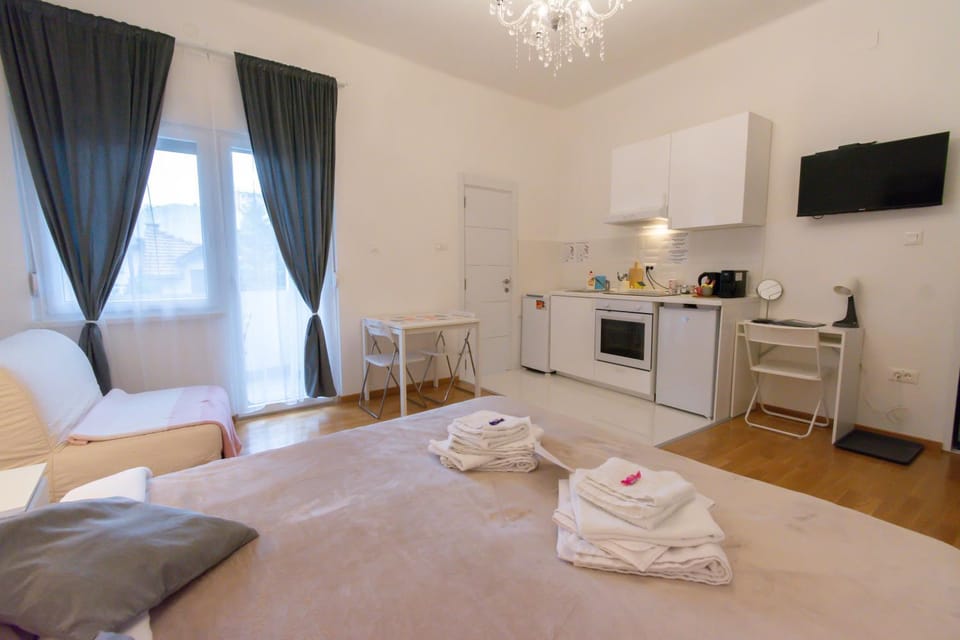 Bed, TV and multimedia, Kitchen or kitchenette, Photo of the whole room, Dining area, oven, stove, toaster, towels