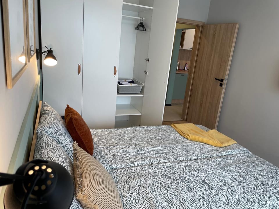 Bed, wardrobe