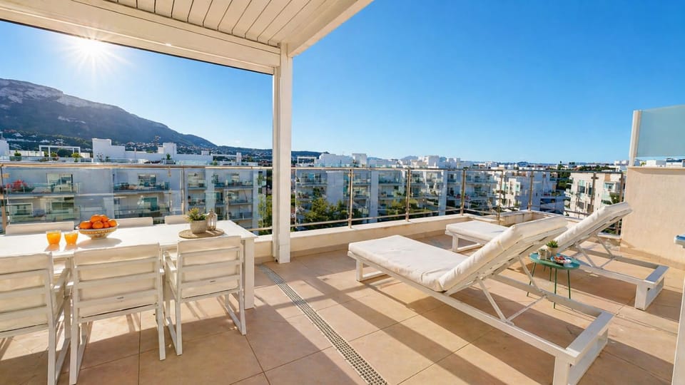 Property building, Patio, Day, Natural landscape, View (from property/room), Balcony/Terrace, Living room, Seating area, Dining area, City view, Mountain view, sunbed