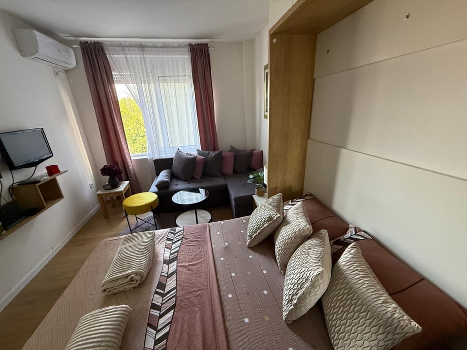 Bed, TV and multimedia, Living room, Photo of the whole room, Seating area, Bedroom, air conditioner