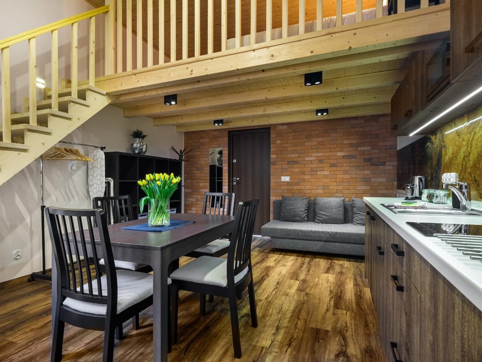 Kitchen or kitchenette, Living room, Seating area, Dining area, stove