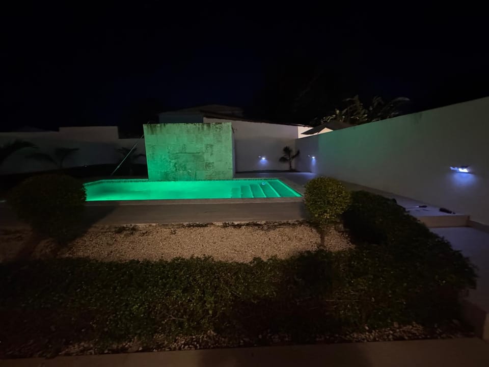 Property building, Night, Garden, Garden view, Pool view, Swimming pool