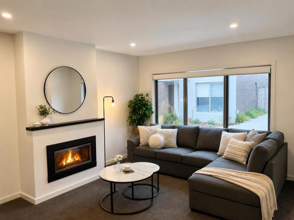 Living room, Seating area, Inner courtyard view, fireplace