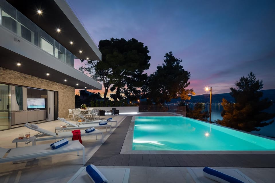 Patio, Night, Balcony/Terrace, Pool view, Swimming pool