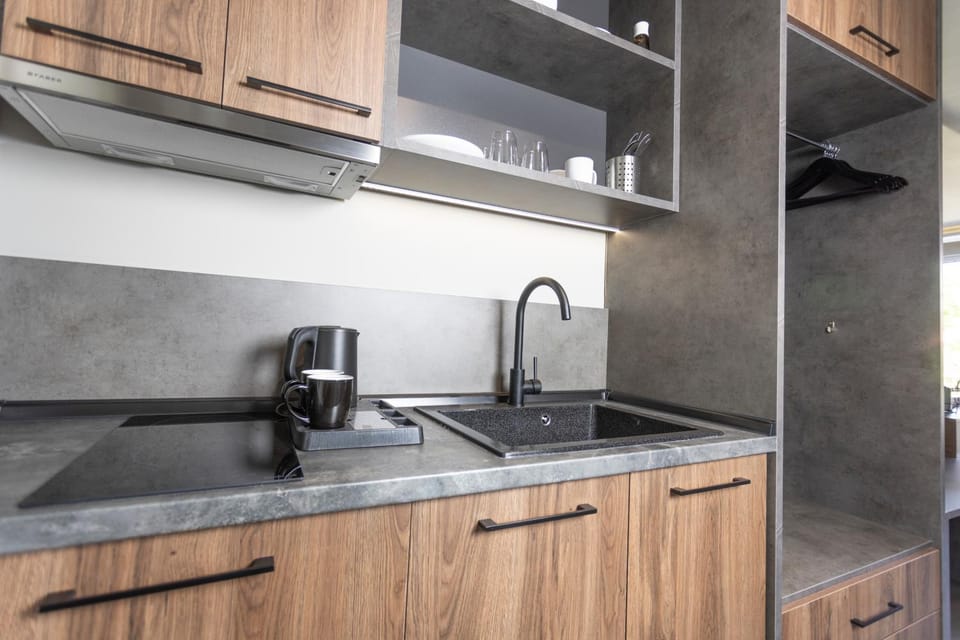 Kitchen or kitchenette, stove