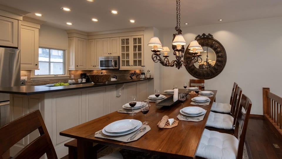 Dining area, furniture, microwave, storage