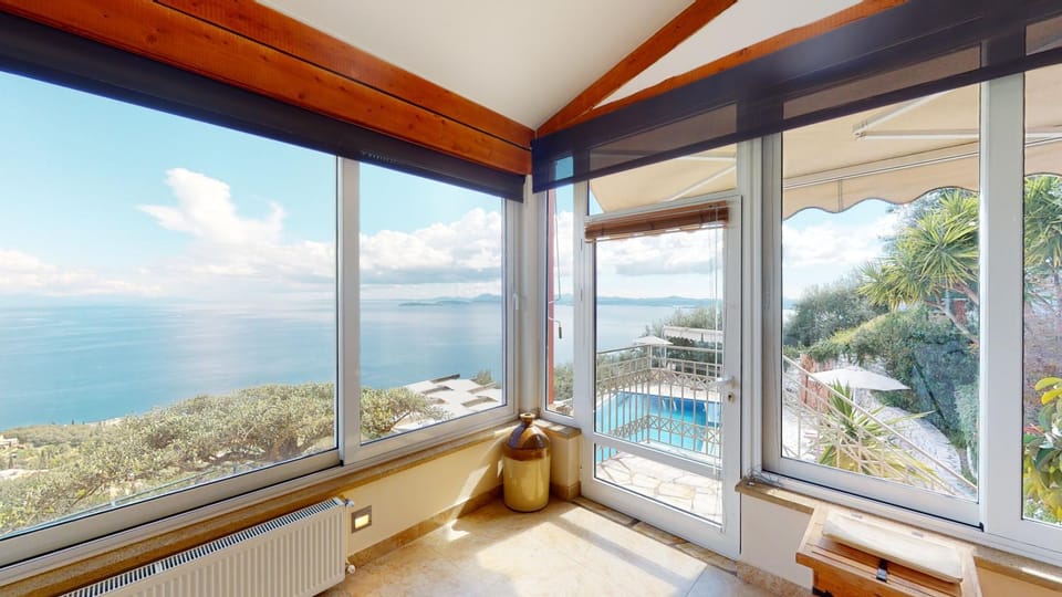 Day, Natural landscape, View (from property/room), Balcony/Terrace, Living room, Seating area, Sea view, Swimming pool