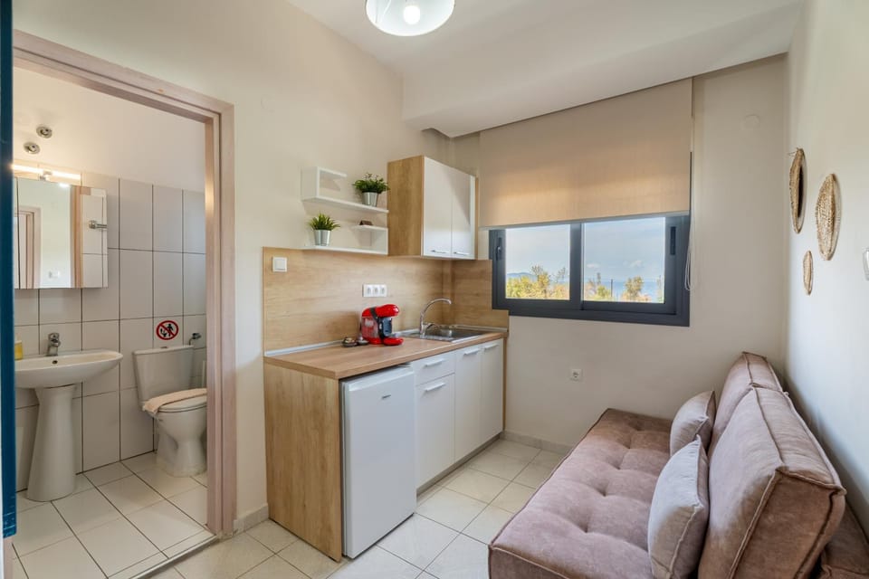 Bathroom, Coffee/tea facilities, Living room, Photo of the whole room, Sea view, kitchen